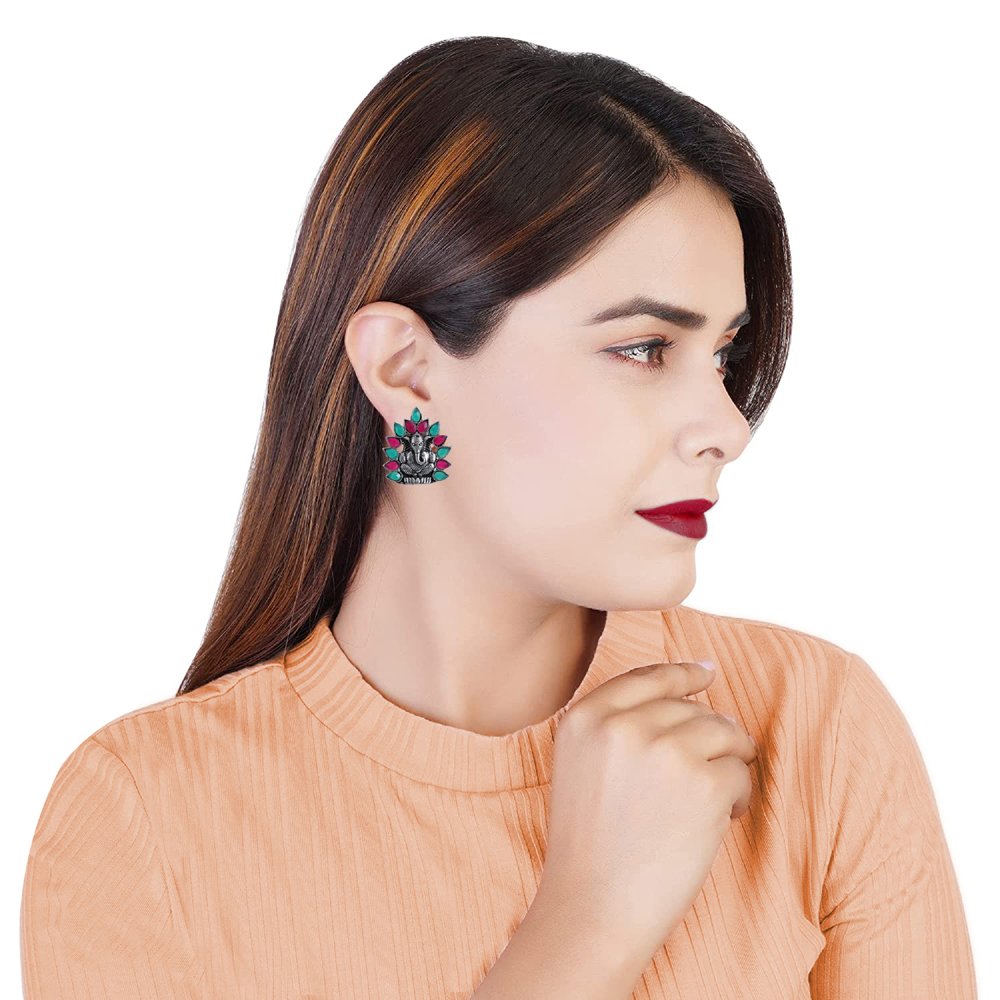 Oxiidsed Silver Red & Green Ganpati Drop Earrings image 2