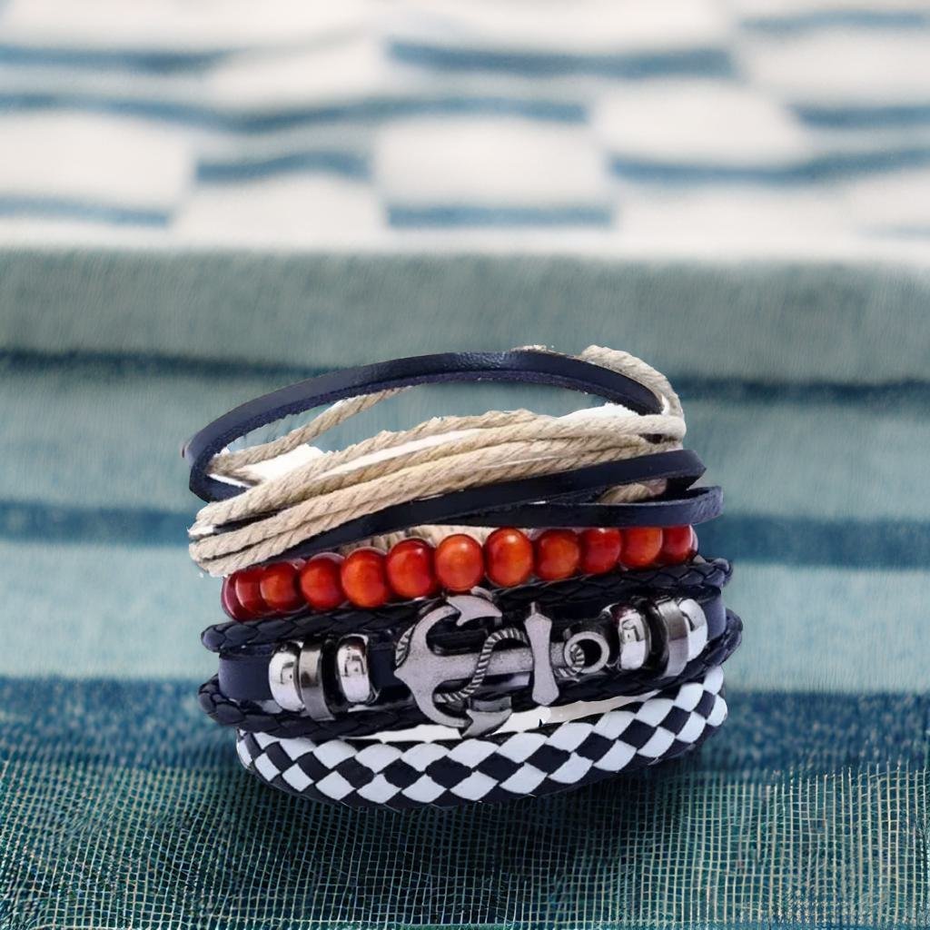 Men's Silver-Plated Anchor Multicolor Leather Wrap Bracelet image 0