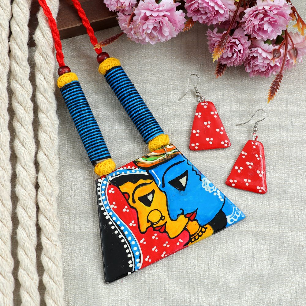 Hand-Painted Krishna-Radha Terracotta Fabric Jewellery Set image 2