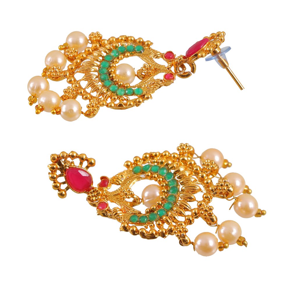 Gold-Plated Traditional Red & Green Stone Dual Semi Bridal Jewellery Set image 5
