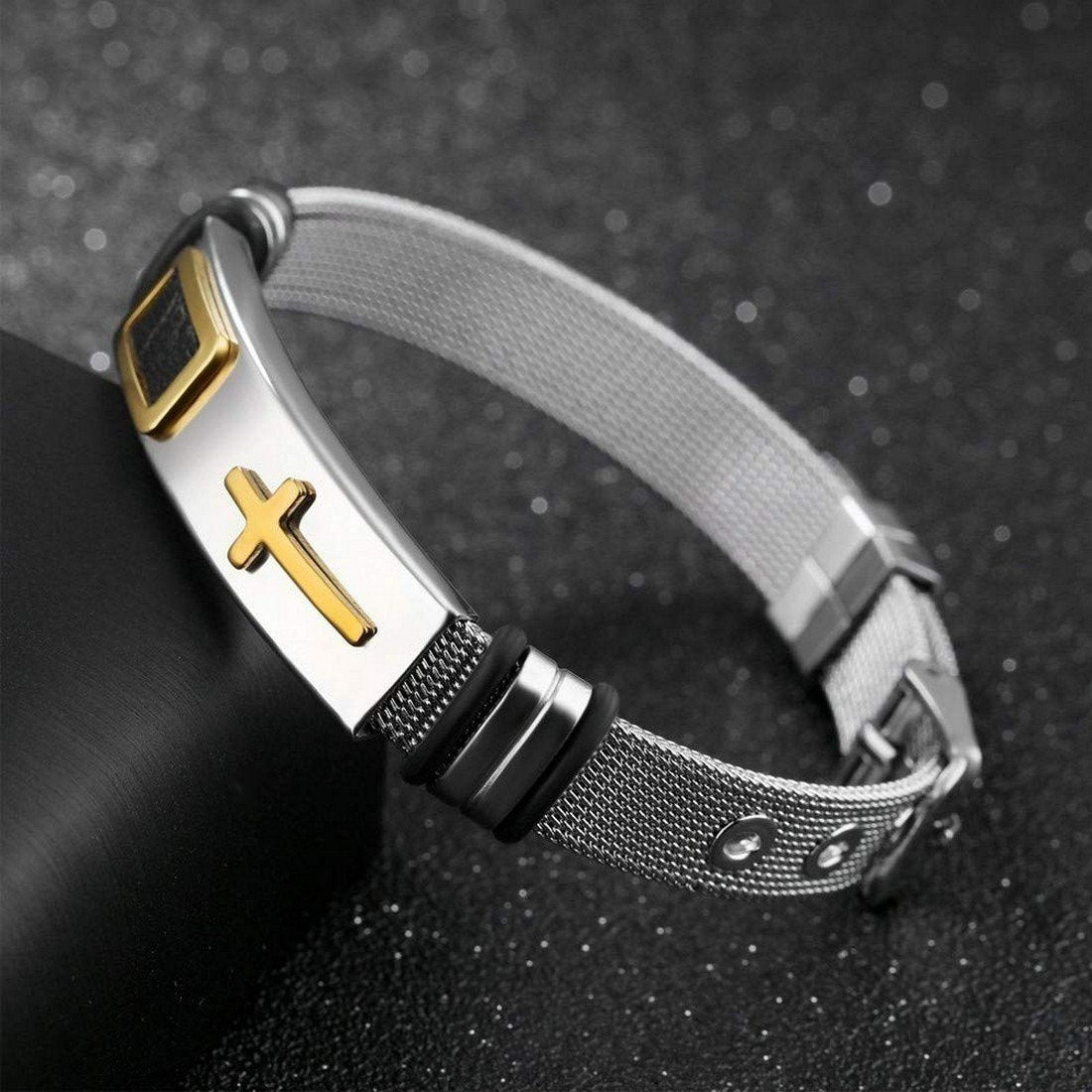 Men's Silver-Plated Mesh Cross Engraved Gold Raised Bracelet image 4