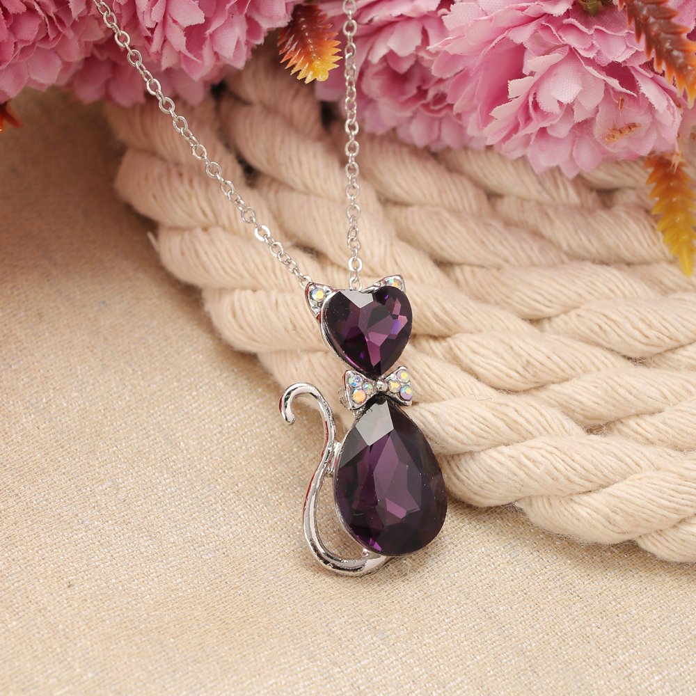 Silver-Plated Purple Crystal Cat Pendant Necklace image 0