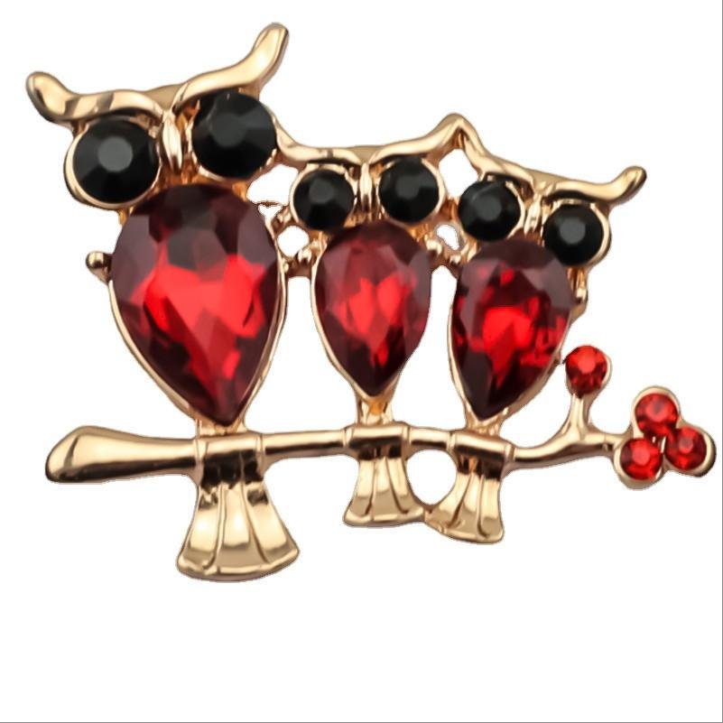 Gold-plated Red Crystal Triple Owl Brooch image 3