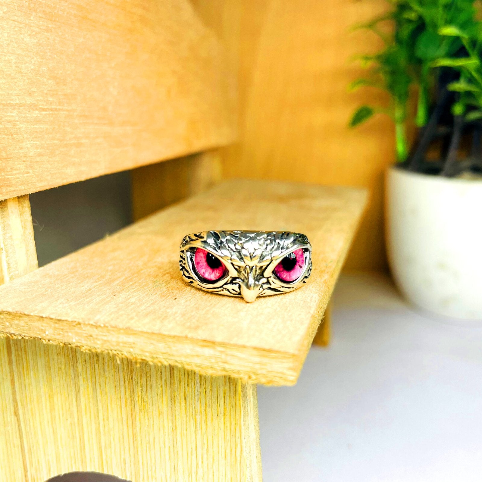 Oxidized Silver Adjustable Owl Eye Devil Pink Stone Finger Ring image 2