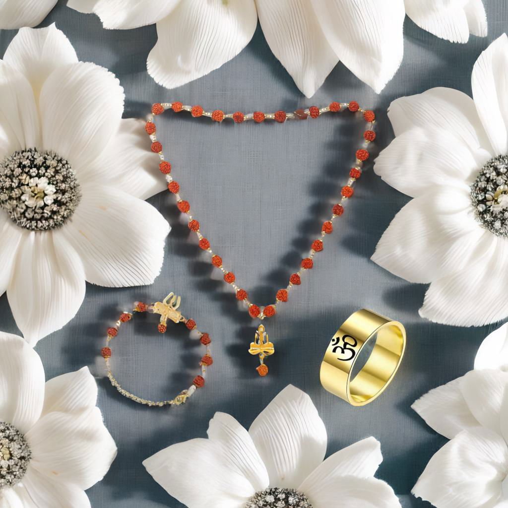 Men's Gold-Plated Rudraksh Trishul Pendant Necklace & Rudraksh Bracelet Golden Ring Combo Set image 1