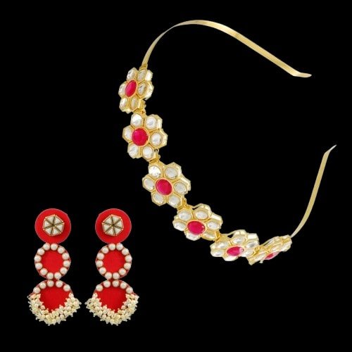 Ethnic Kundan/Pearl Mathapatti Hairband and Earrings Set image 2