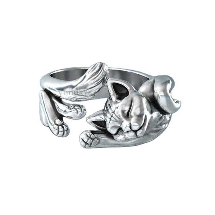 Silver-Plated Sleeping Cat Paws Adjustable Finger Ring image 1