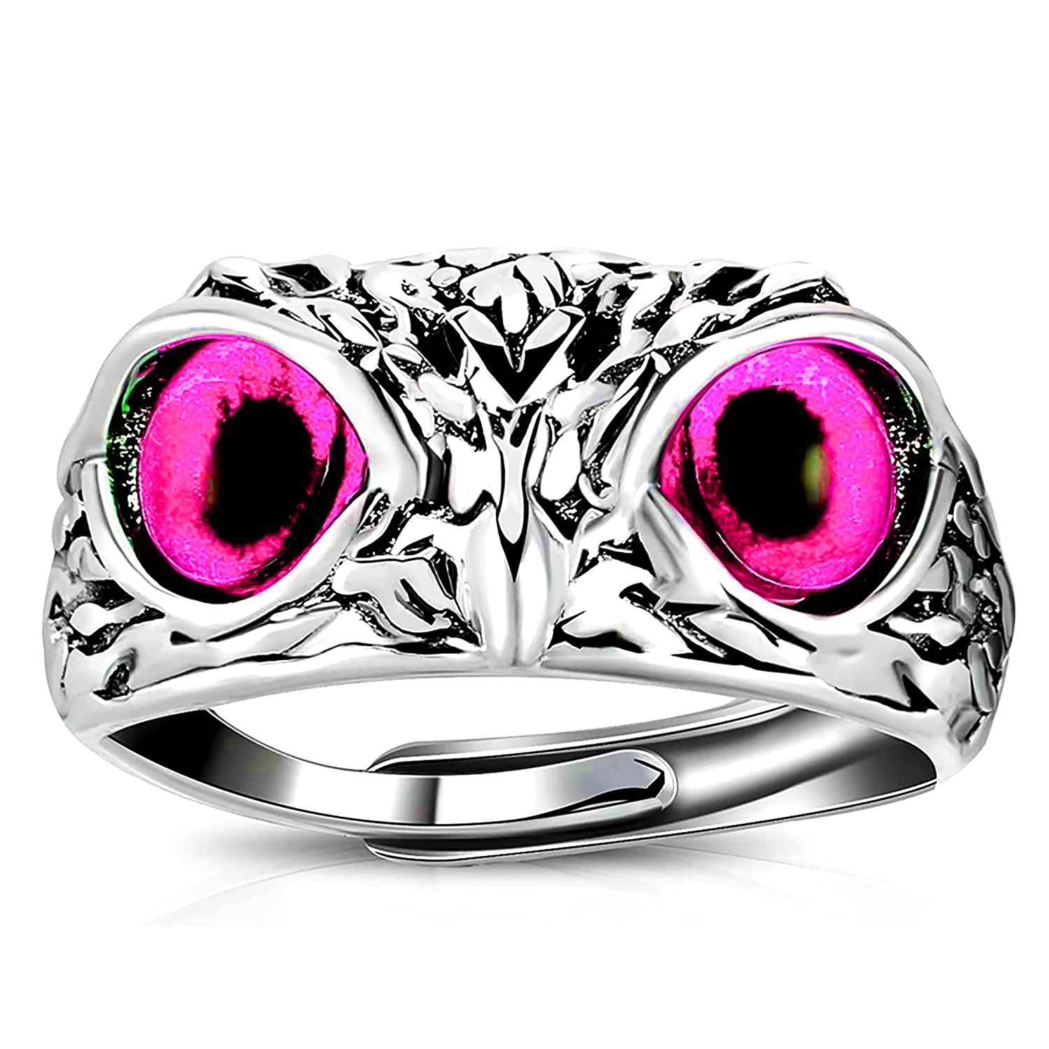 Oxidized Silver Adjustable Owl Eye Devil Pink Stone Finger Ring image 1