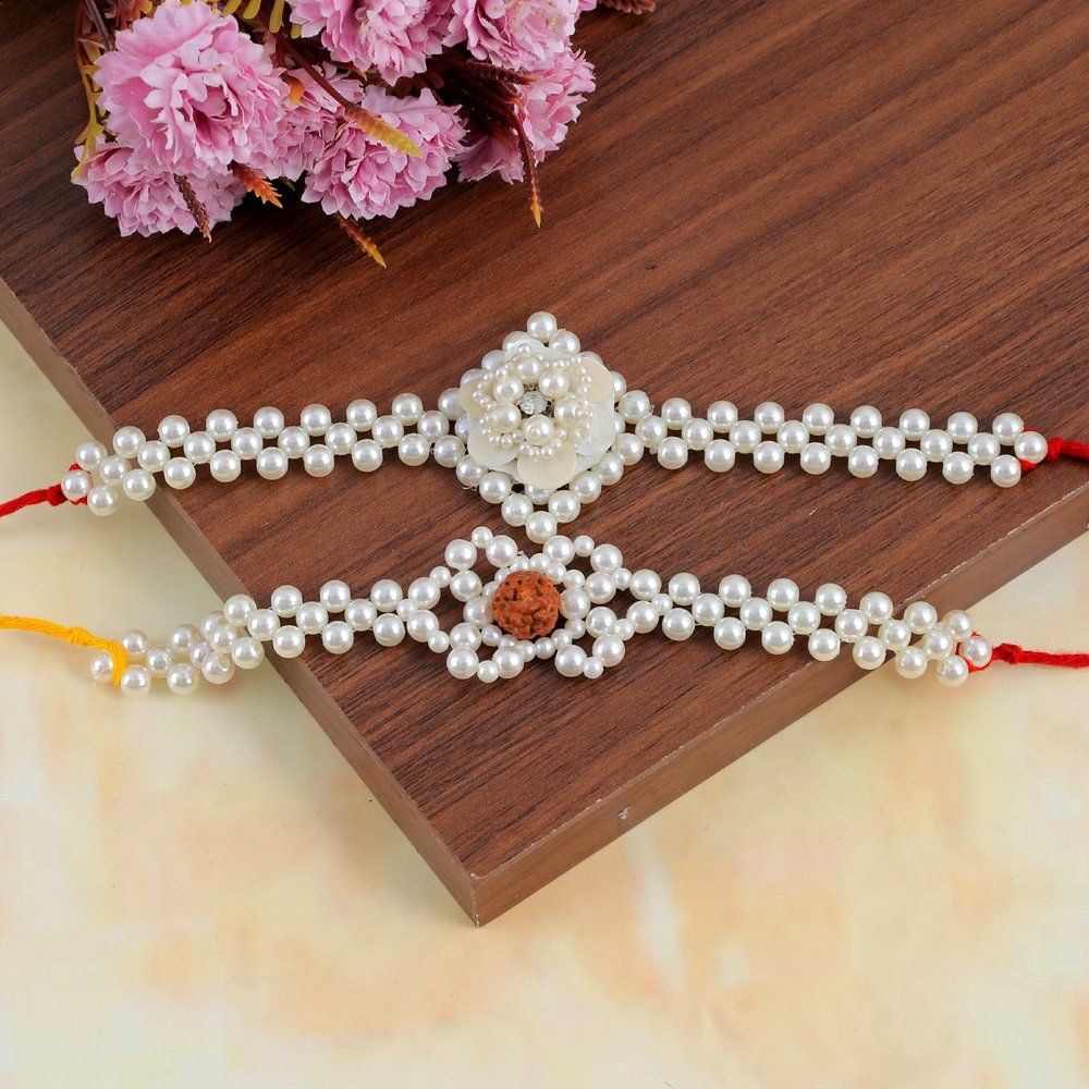 Pearl/Rudraksh Rakhi Set for Bhaiya Bhabhi - 2 pcs image 1