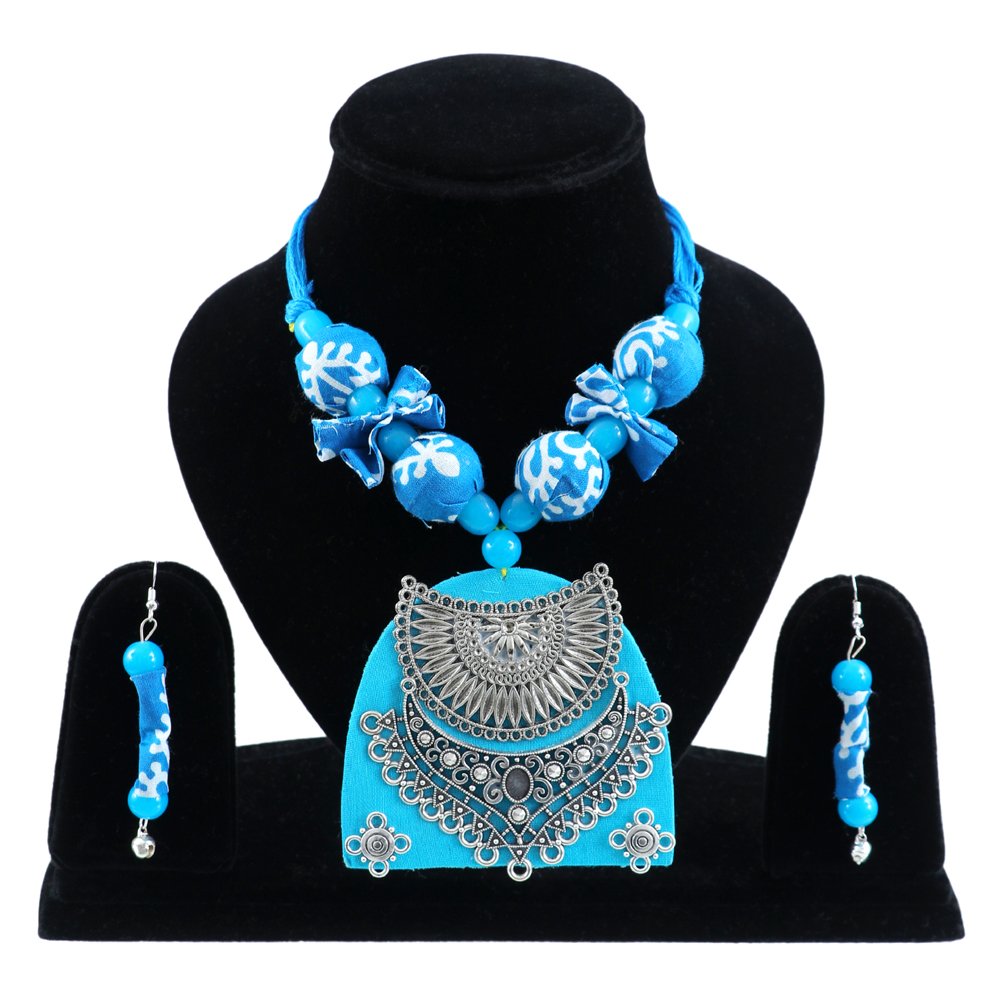 Blossoms Handmade Blue Fabric Oxidised Silver Pendant Jewellery Set image 1