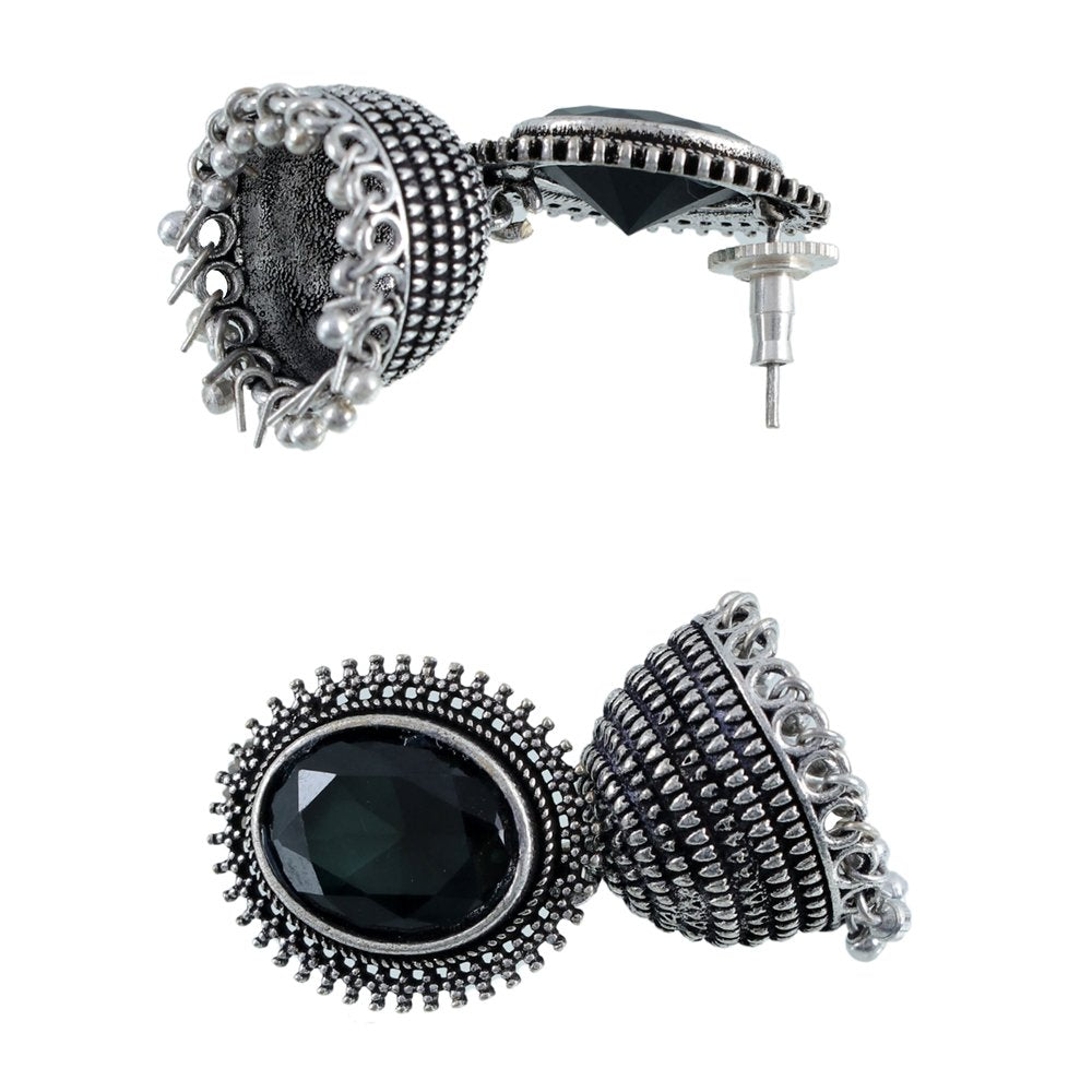 Oxidised Silver Black Stone Dome Jhumka-Jhumki Earrings image 3
