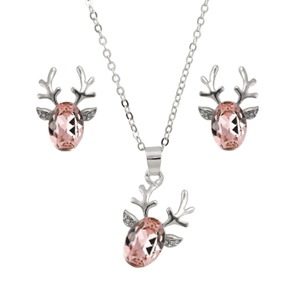 Silver-Plated Peach Crystal Deer Design Necklace & Earring Set image 2