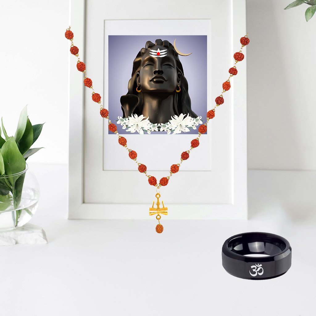 Men's Gold-Plated Rudraksh Trishul Pendant Necklace & OM Black Ring Combo Set image 0