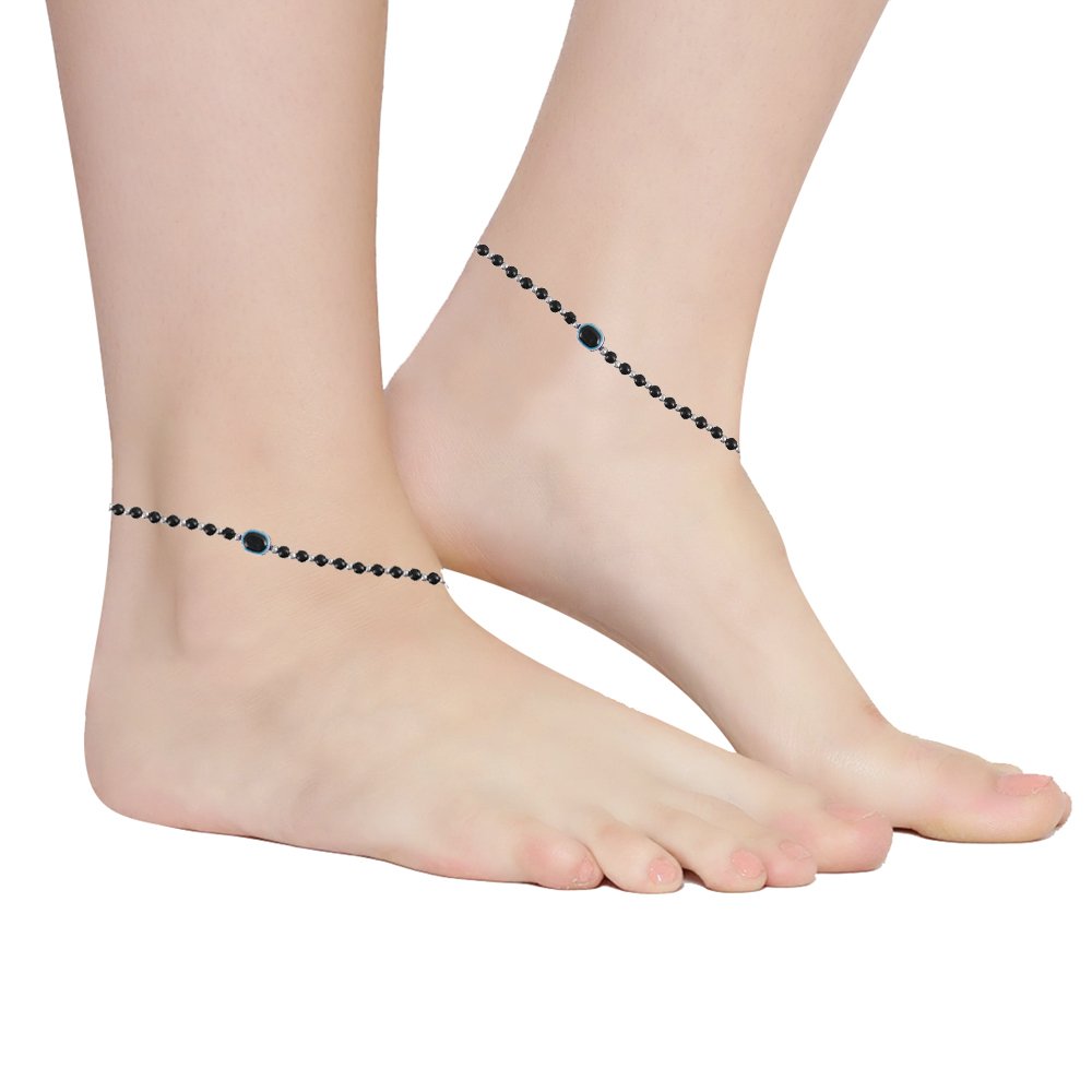Silver-Plated Black Beaded Evil-Eye Anklet For Women & Girls image 1