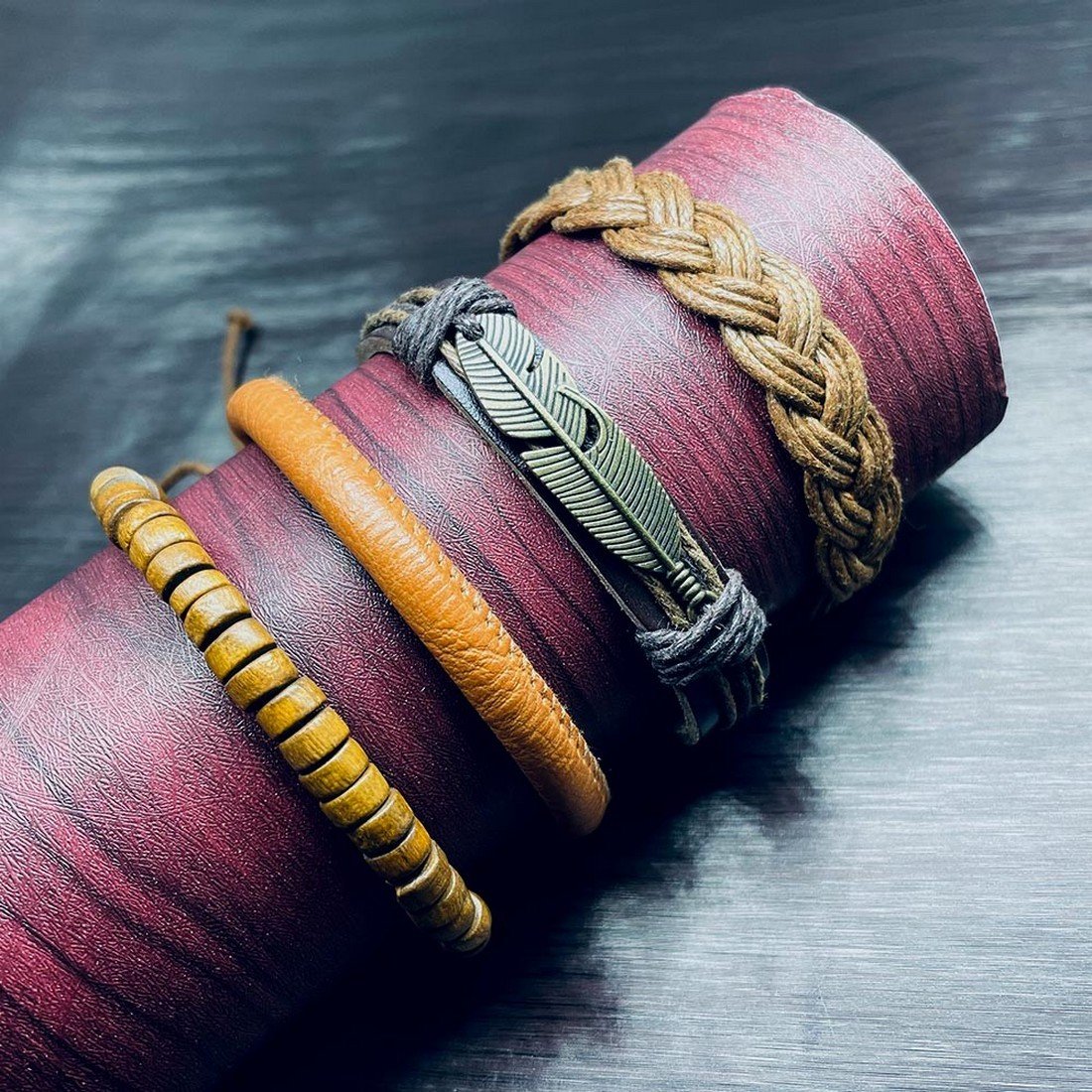 Bohemian Style Oxidized Silver Leaf Multistring Brown Wrap Bracelet For Men image 2