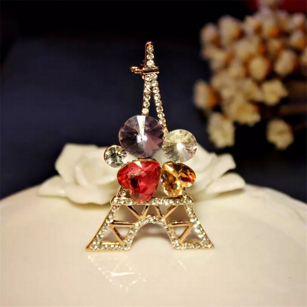 Gold-Plated Multicolor Crystal Eiffel Tower Brooch for Unisex image 0