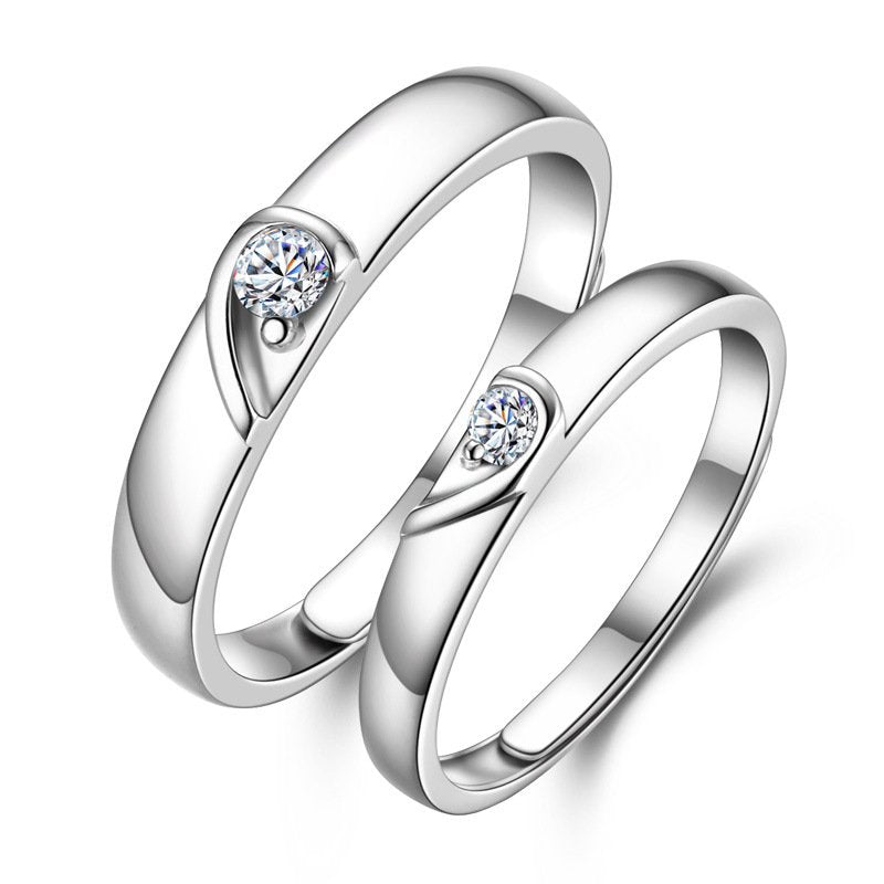 Contemporary Crystal Heart Couple Ring Set image 1