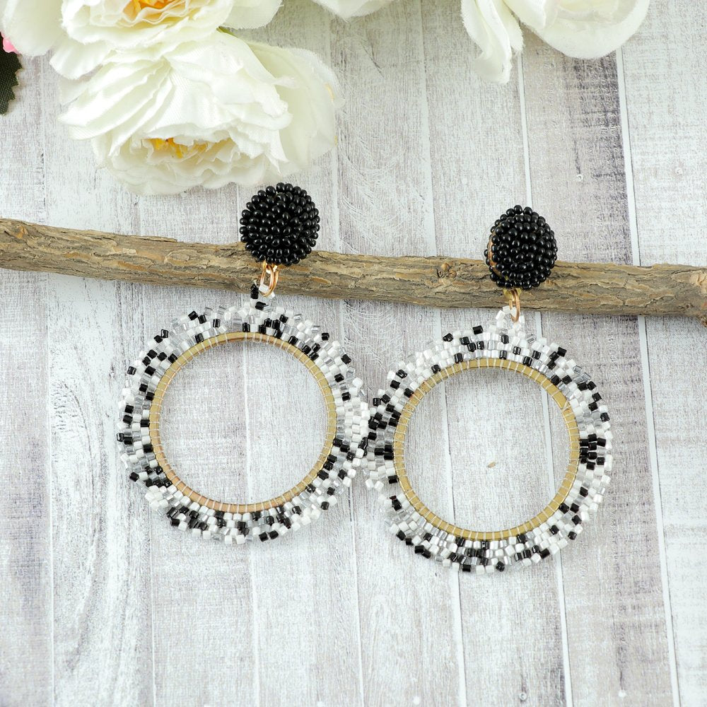 Gold-Plated Handcrafted Black& White Beaded Earrings image 3
