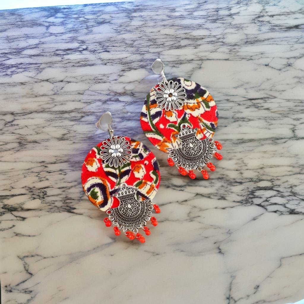 Handmade Red Fabric Madhubani Beaded Dangler Earrings image 4