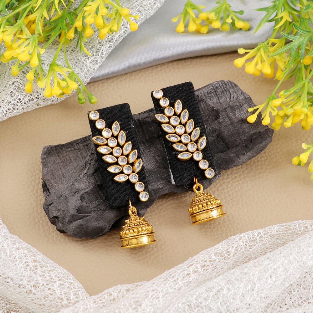 Handmade stone/Kundan black fabric jhumki Earrings image 2