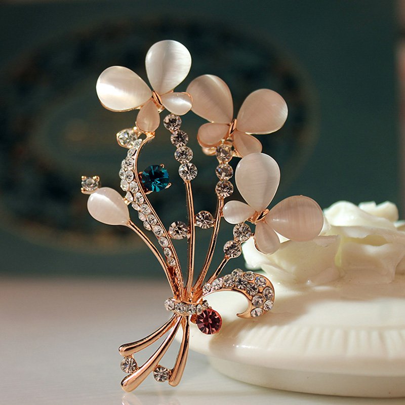 White Stone Rose-Gold Floral Crystal Studded Brooch image 1