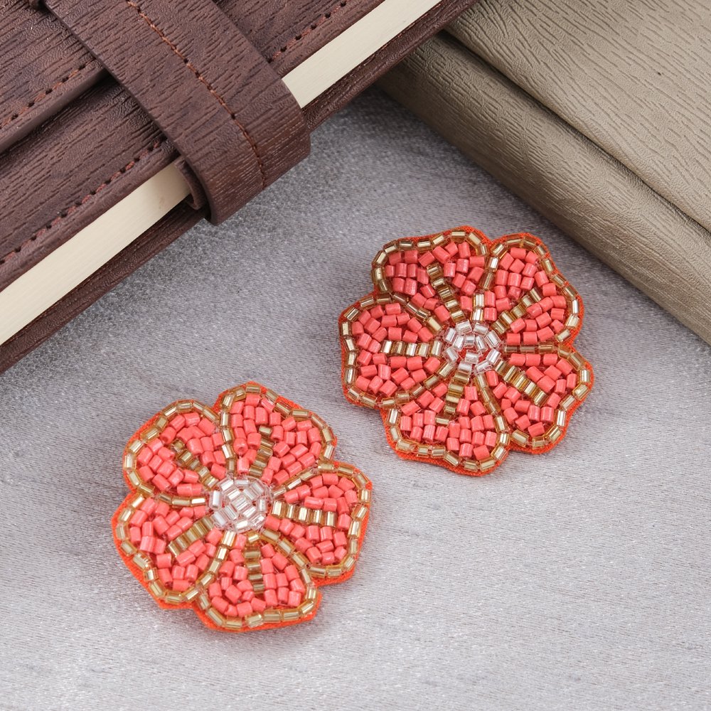 Handmade Orange Floral-Beaded Stud Earrings For Women/Girl's image 2