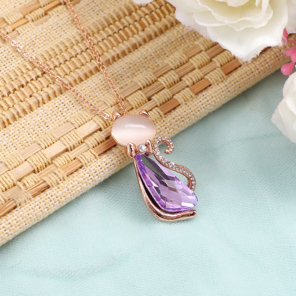Gold-Plated Cat Style Crystal Purple Studded Pendant Necklace image 1