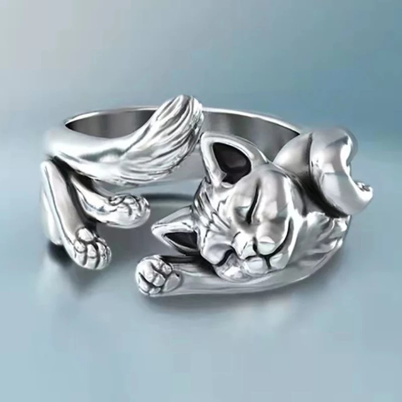Silver-Plated Sleeping Cat Paws Adjustable Finger Ring image 0