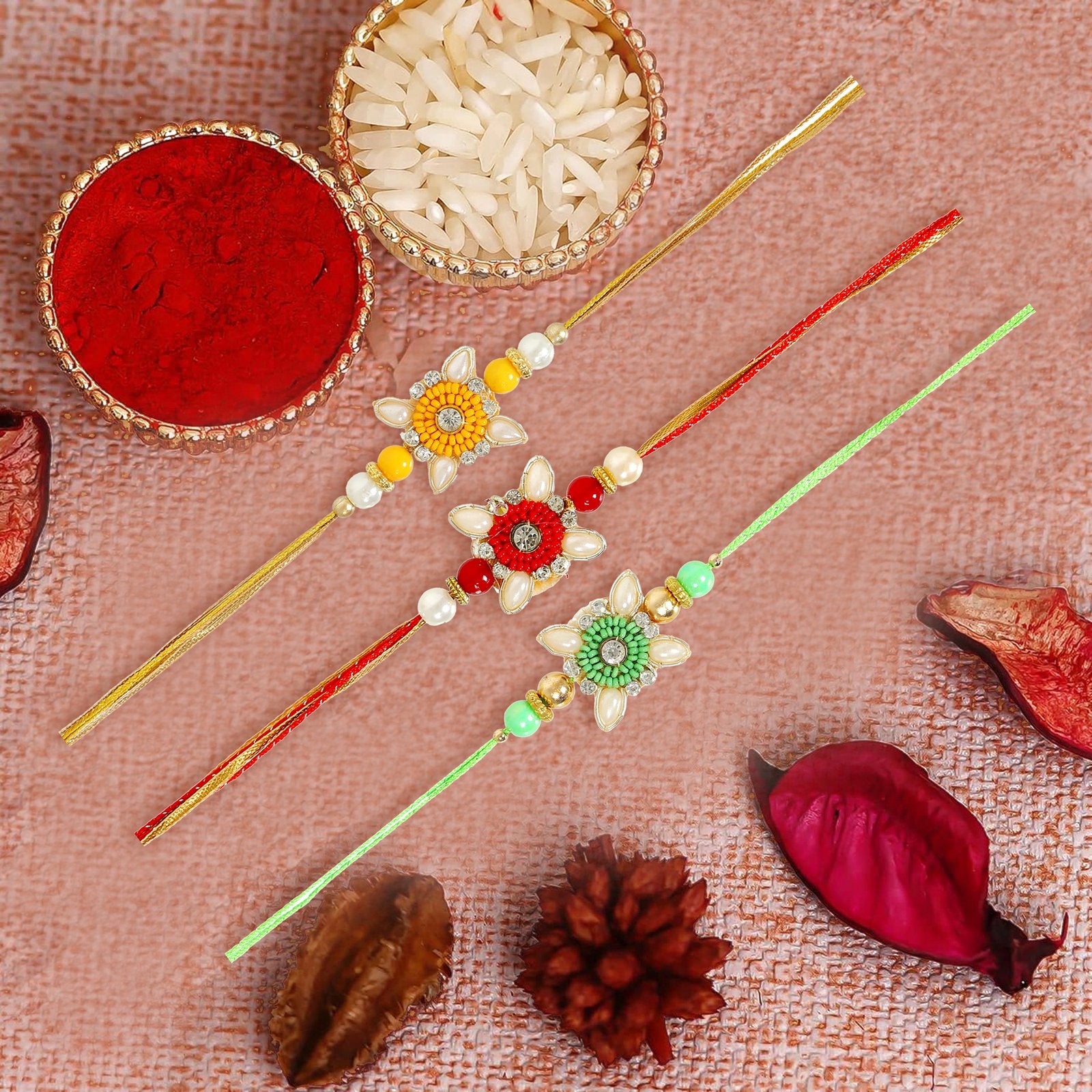 Set of 3 Handmade Beaded Pearl Assorted Rakhi Set For Brother's image 0