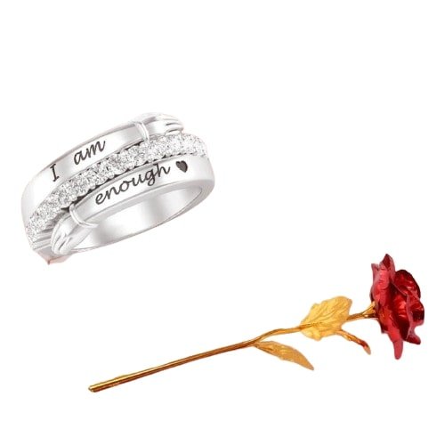 Valentine's Day Gift Set Engraved Silver-Plated Hug Ring & Red Rose Combo image 1