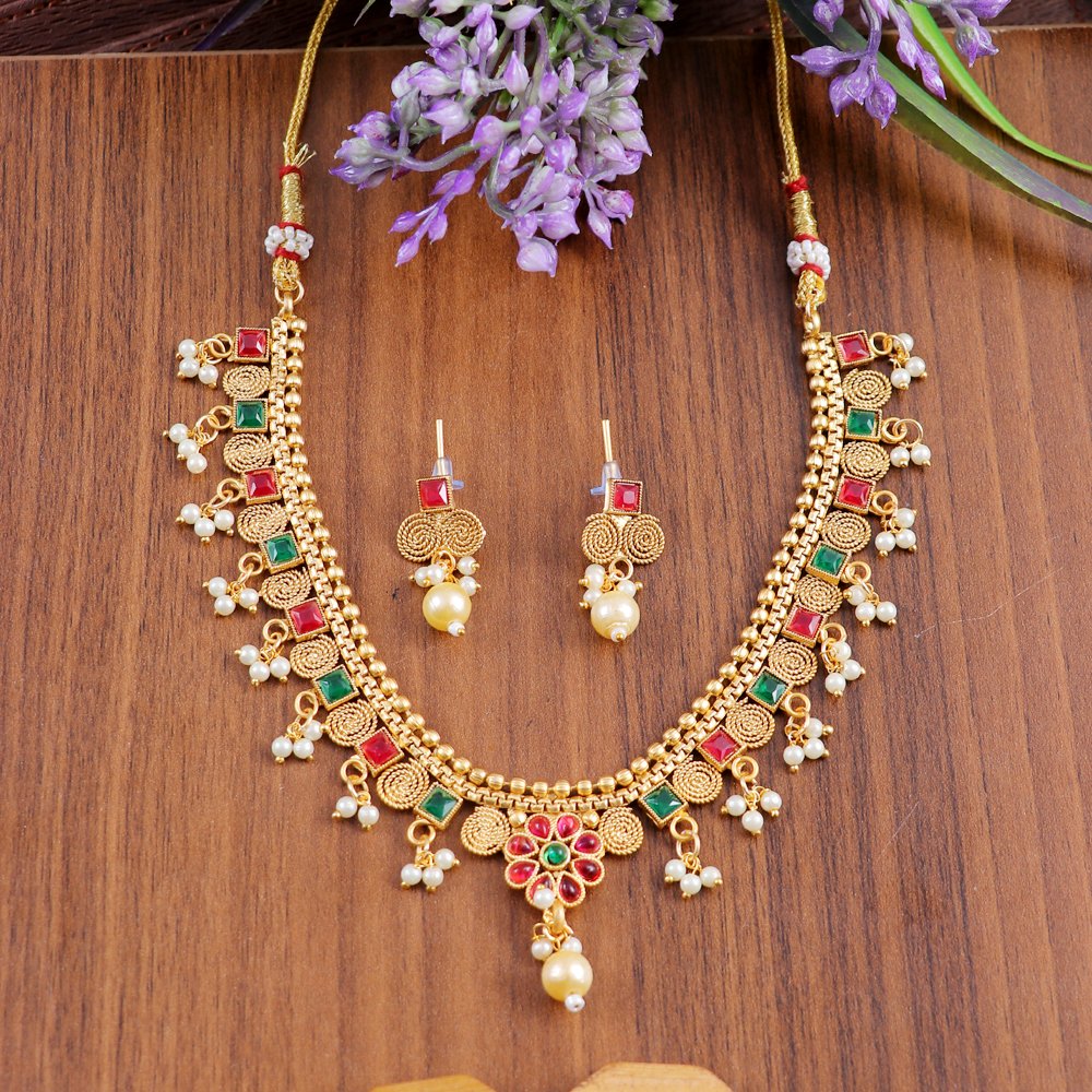 Gold Plated Red & Green Stone Pearl Beaded Jewellery Set image 0