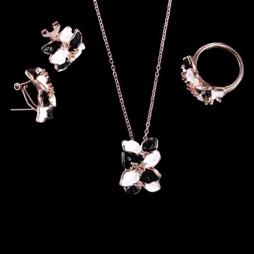 Gold-Tone Floral Black & White Pendant Jewellery Set image 1