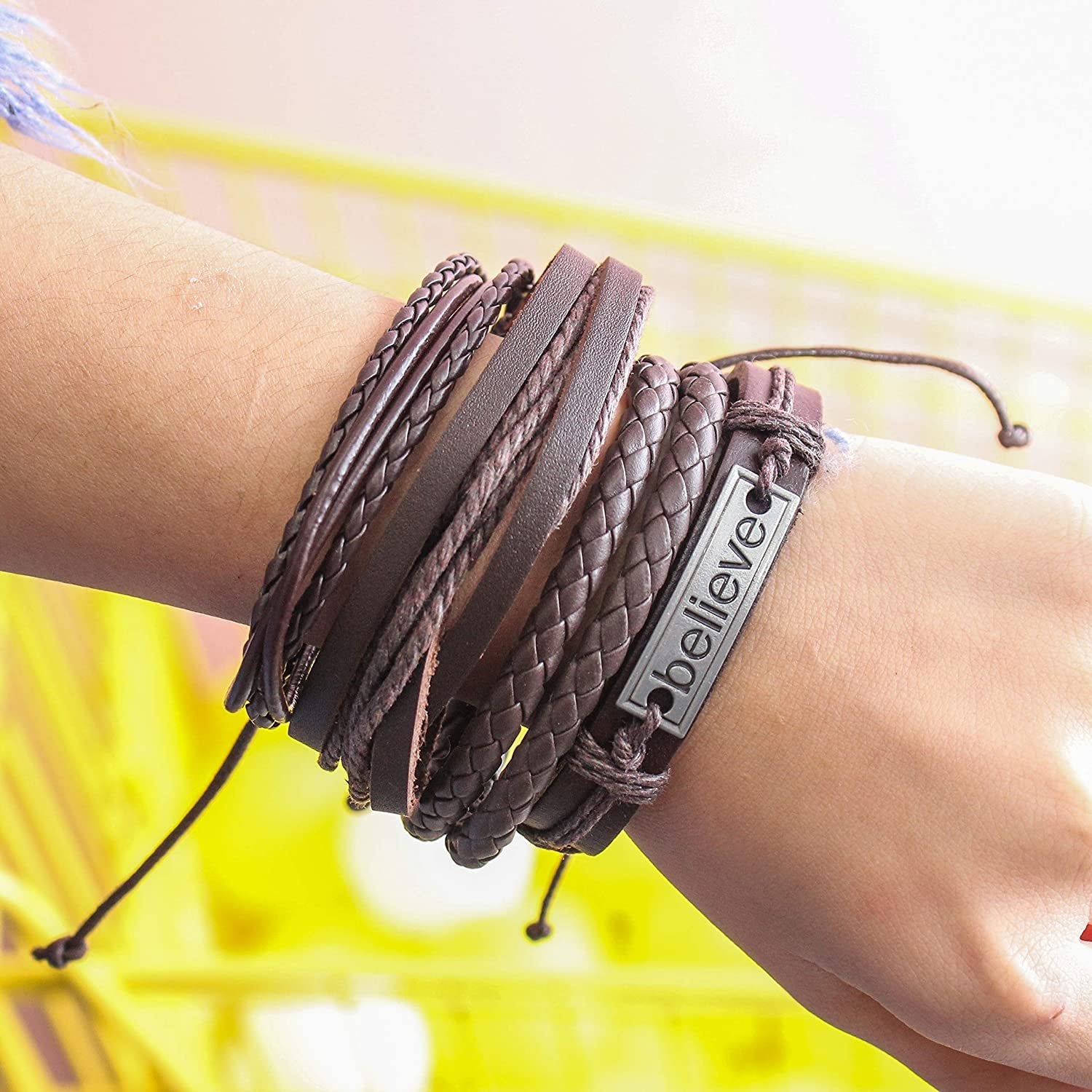 Believe Brown Leather Bracelet Set Multiple Strands for Men Pack of 4 image 2