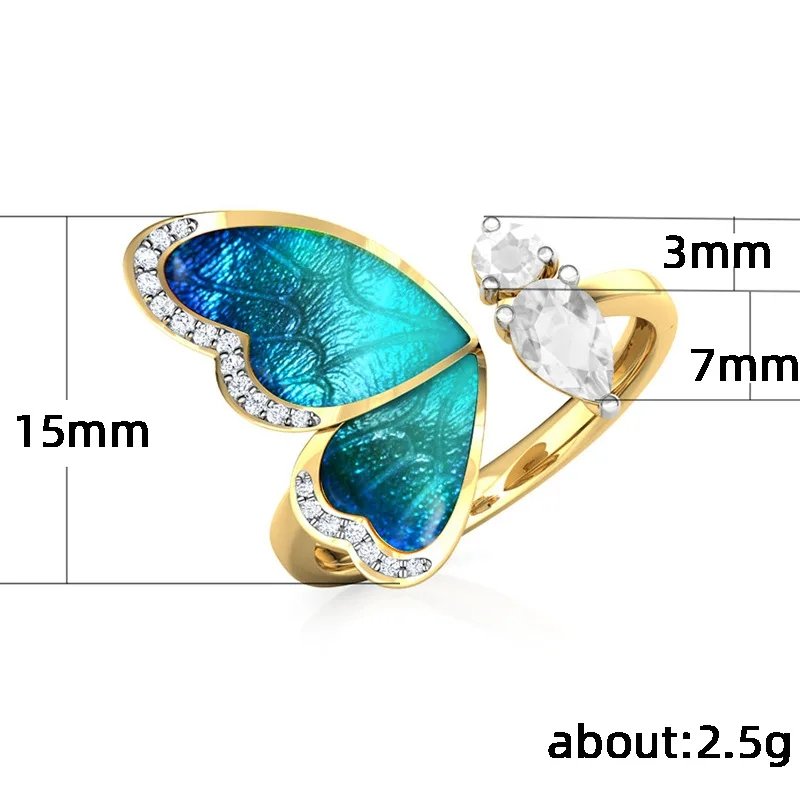 Gold-Plated Crystal Studded One Wing Blue Butterfly Ring image 2
