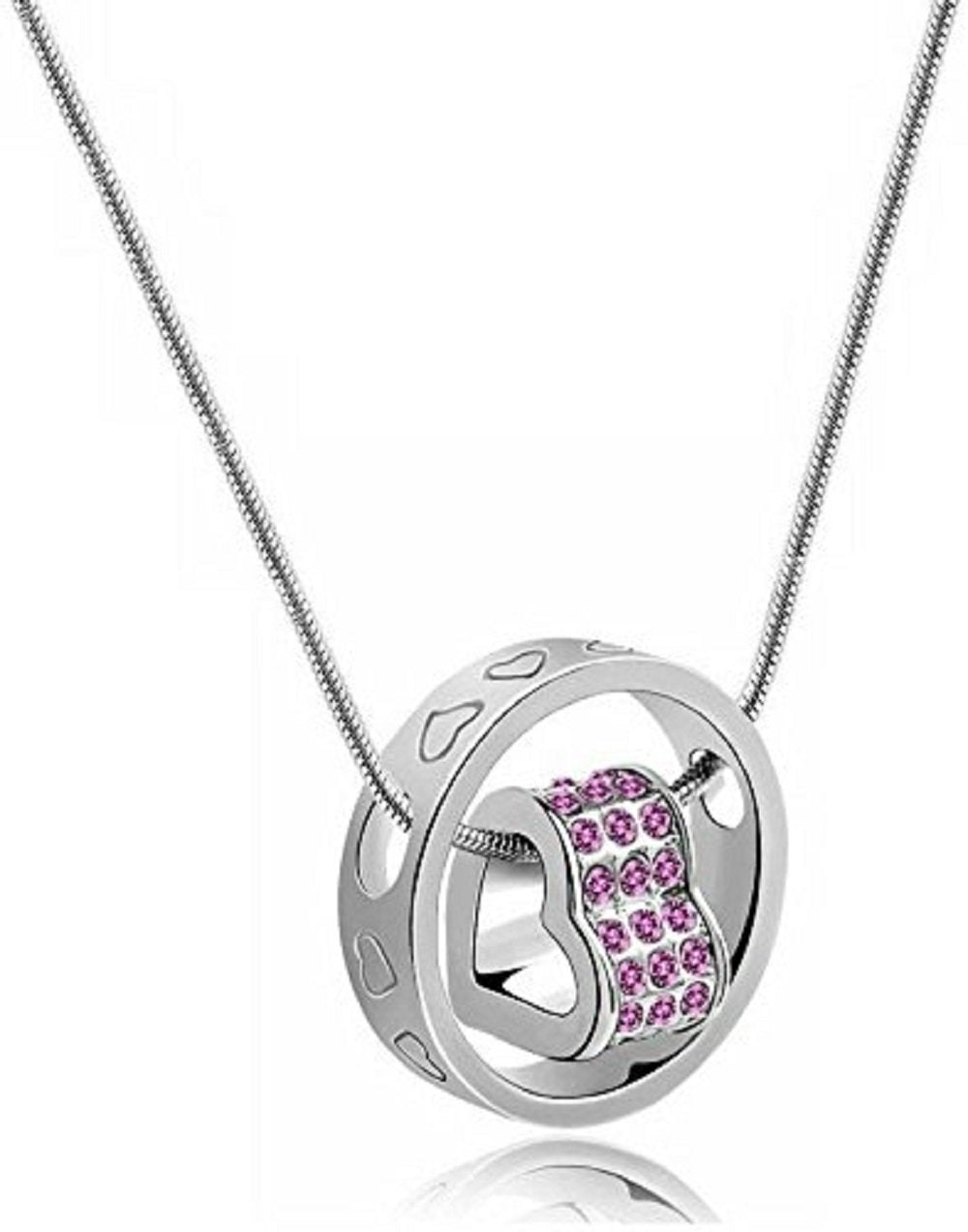 Pink Crystal Heart Circle Silver-Plated Pendant Chain Necklace image 2