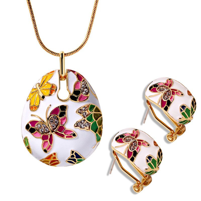 Enamel Style Austrian Crystal Gold Toned Pendant Necklace & Earrings Set image 3
