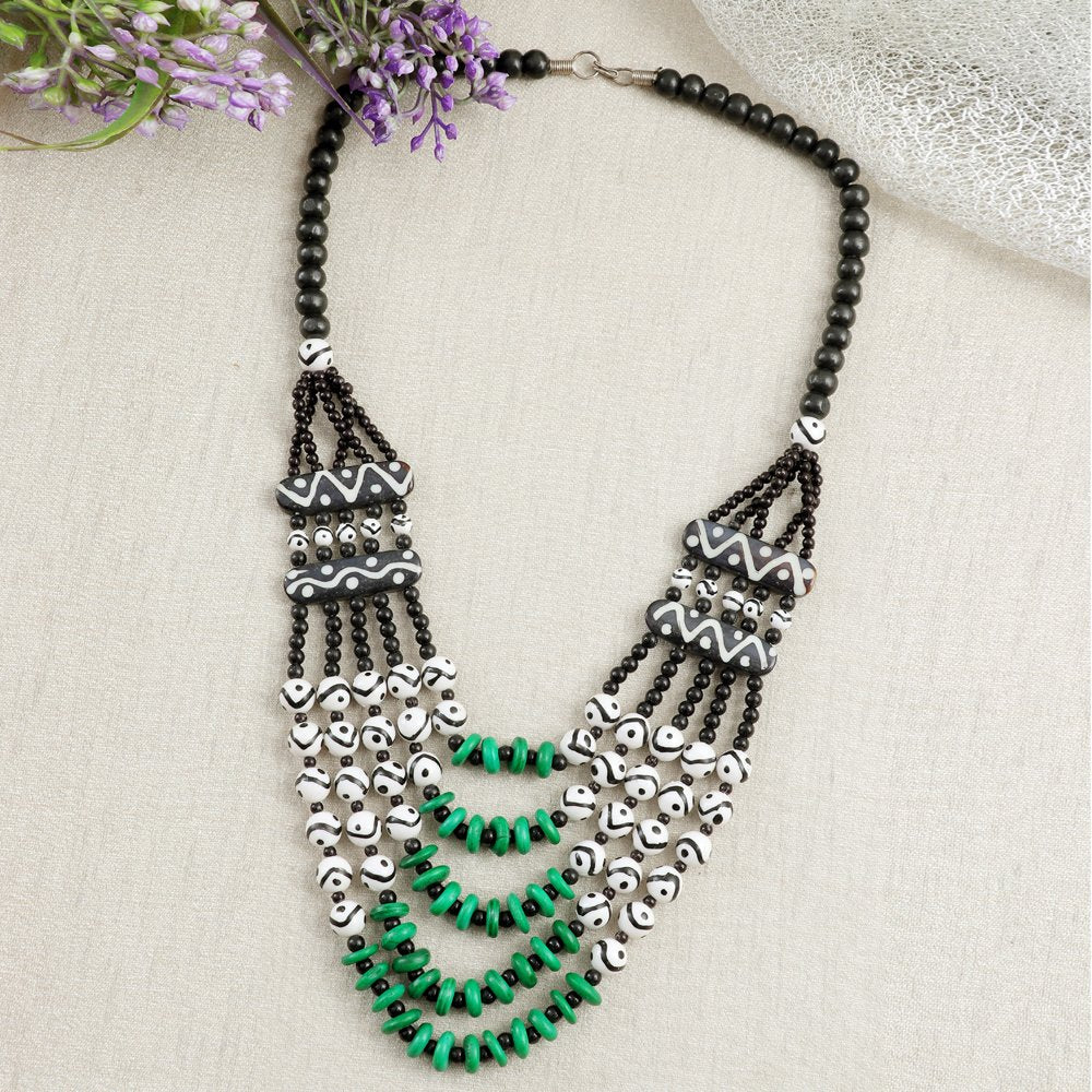 White & Green Beaded Tibetan Boho Handpainted Necklace image 4
