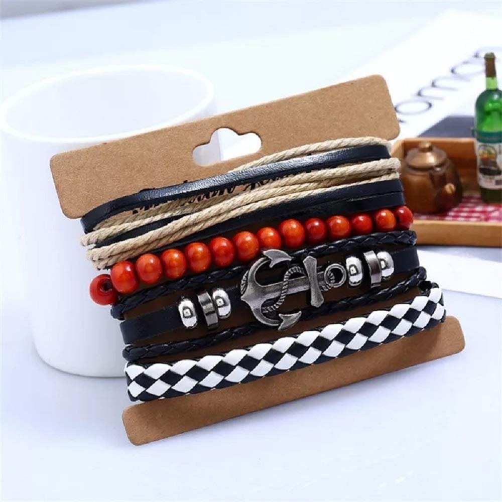 Men's Silver-Plated Anchor Multicolor Leather Wrap Bracelet image 2