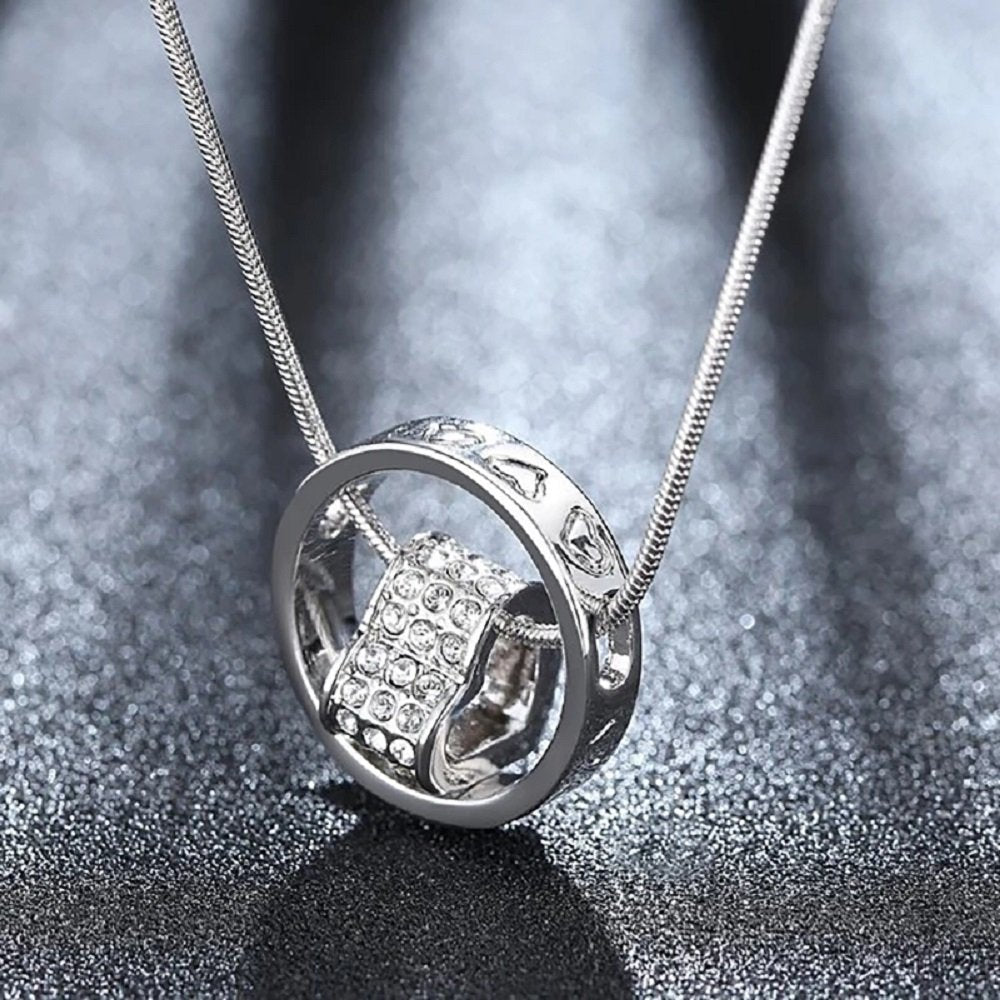Crystal Heart Circle Silver-Plated Pendant Chain Necklace image 2