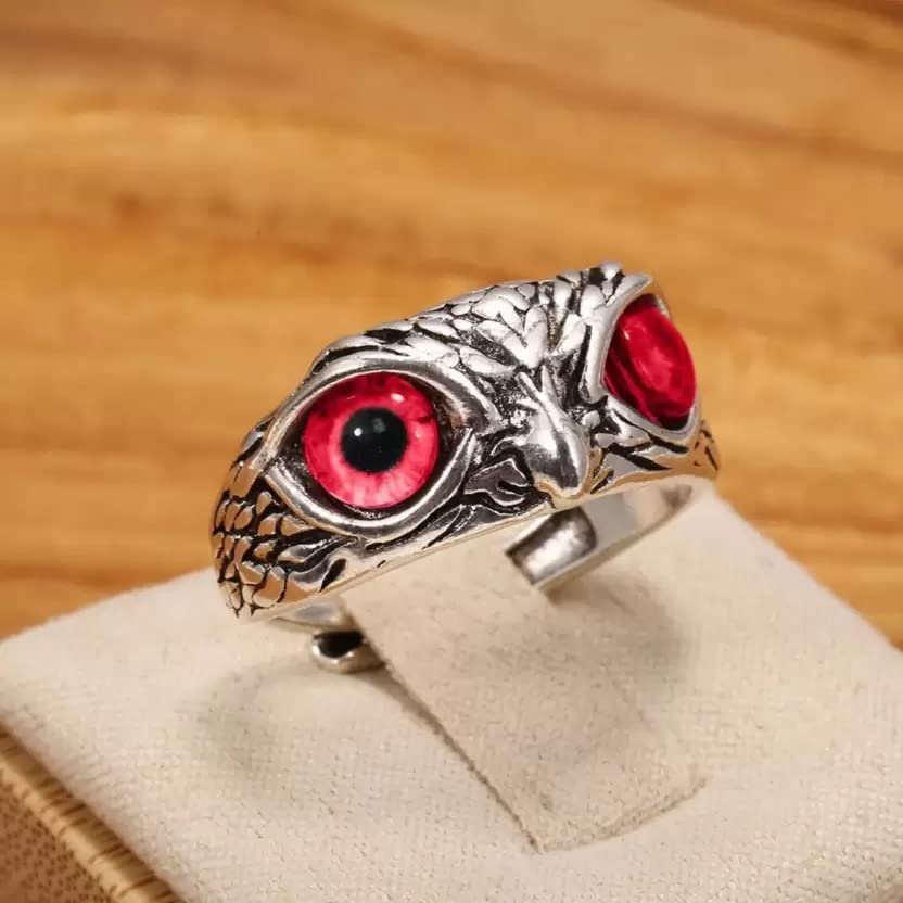 Oxidized Silver Crystal Studded Red Owl Eye Finger Ring image 3