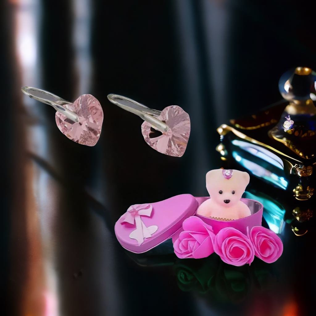 Pink Heart Stud Drop Earrings With Pink Teddy Bear Gift Combo Set image 0