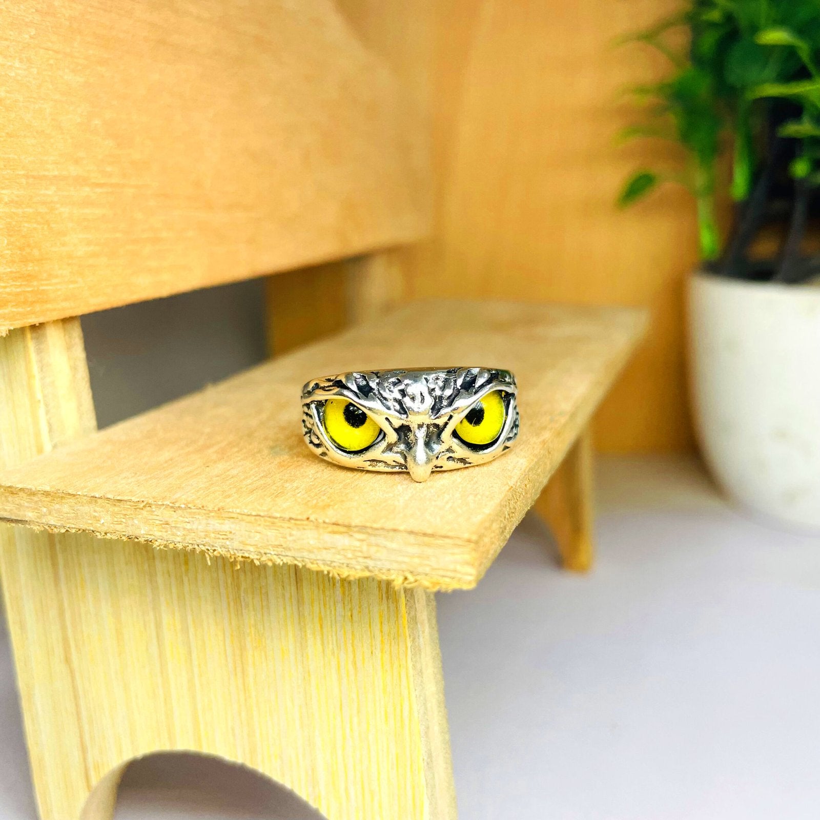 Oxidised Silver Owl Ring Yellow Cat Eyes Adjustable Finger Ring image 2