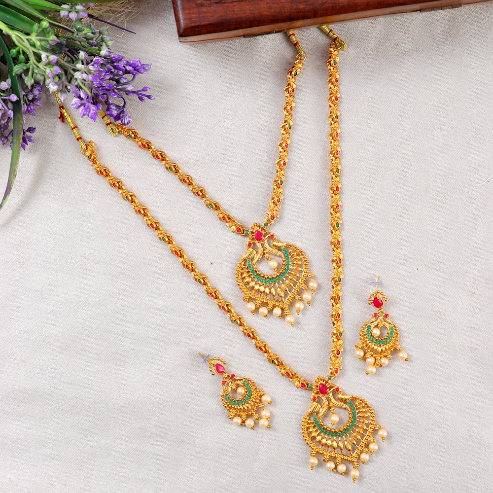Gold-Plated Traditional Red & Green Stone Dual Semi Bridal Jewellery Set image 2