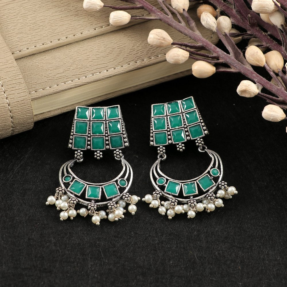 Oxidised Silver Green Stone Stud Earring For Women/Girl's image 0