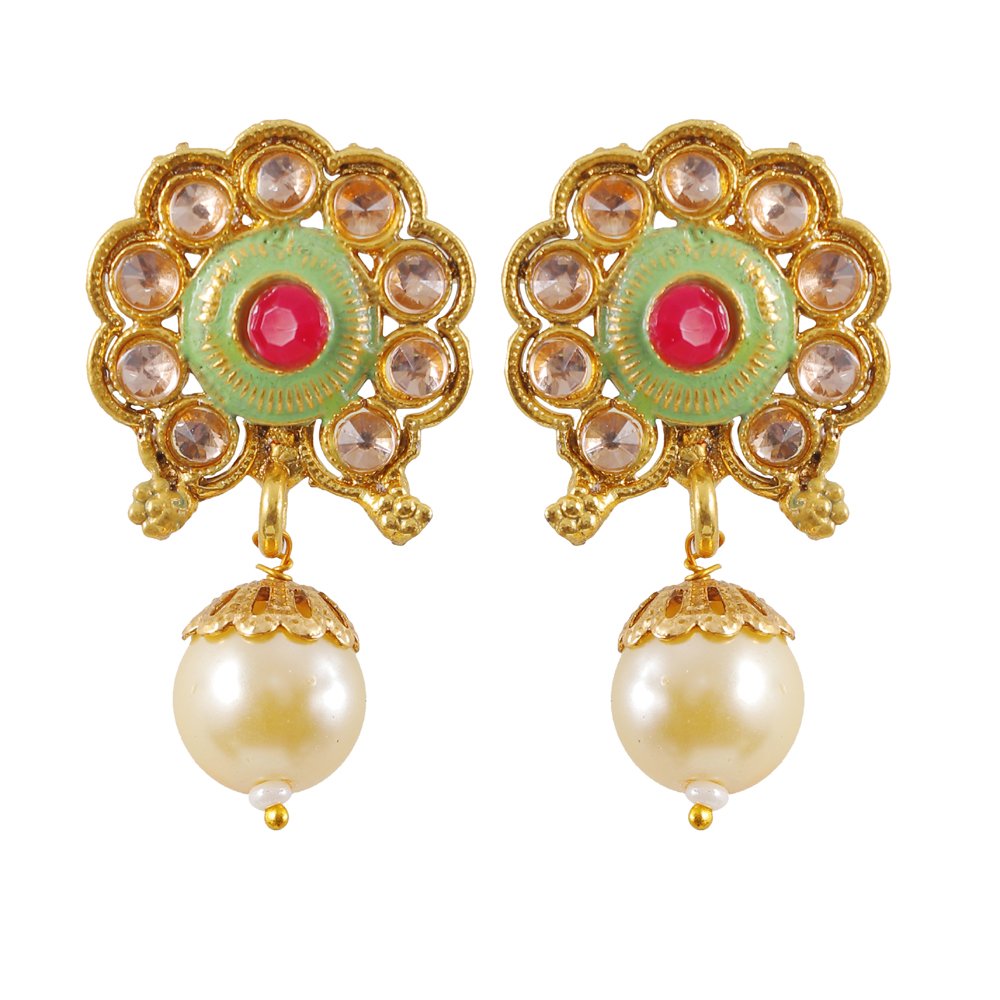 Gold-Toned Studded White Pearl Beaded Meenakari Jewellery Set image 3