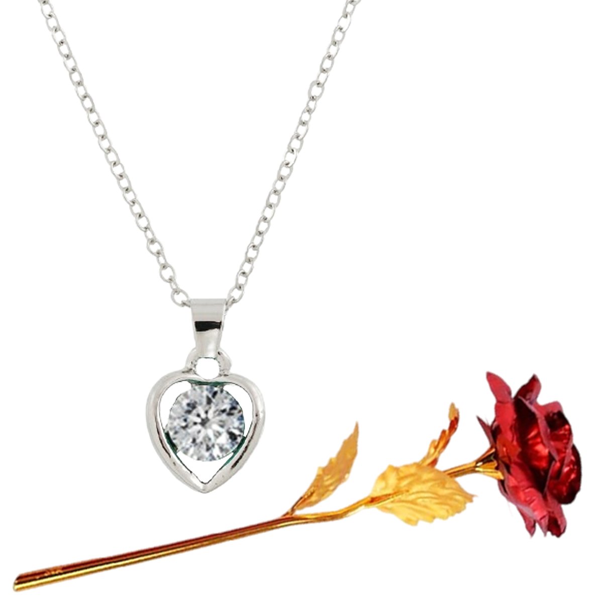 Valentine's Day Heart Pendant Chain & Red Rose Combo Set image 1