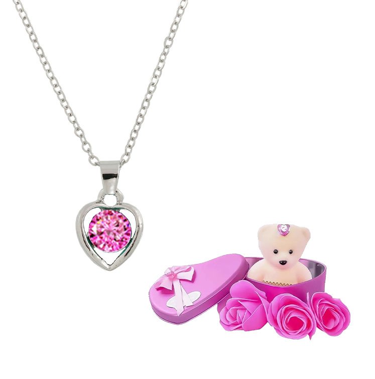 Heart Pendant Chain & Pink Teddy Bear Combo Gift Set image 2