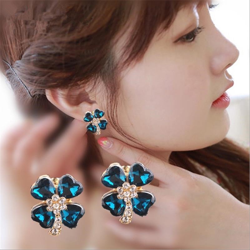 Gold-Plated Blue Crystal Floral Studs Earrings image 1