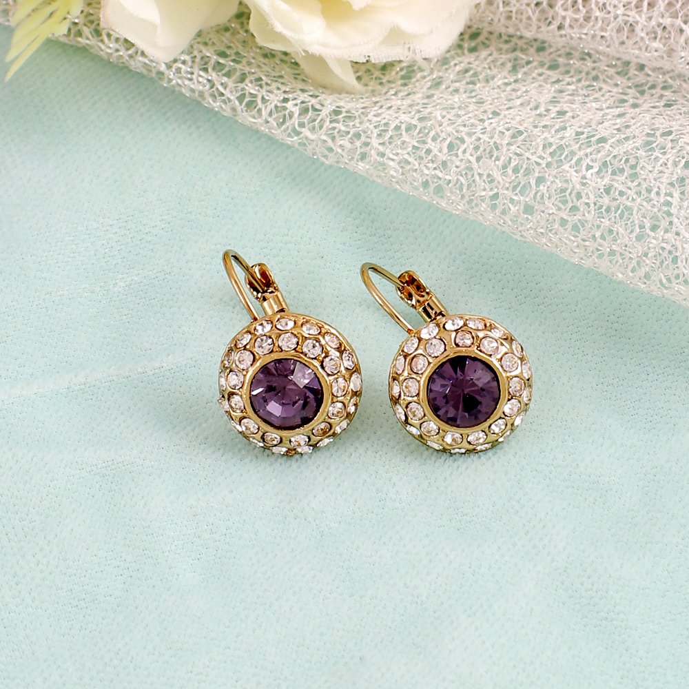 Purple Stone-Studded Gold-Plated Clip-On Lever-Back Drop Earrings image 1