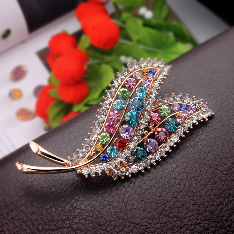 Gold-Plated Multicolor Crystal Leaf Shape Brooch For Women/Girl's image 0